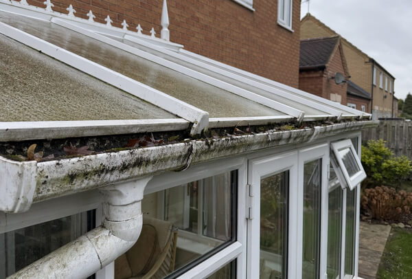 Conservatory gutter in Northampton before cleaning, with debris causing overflow
