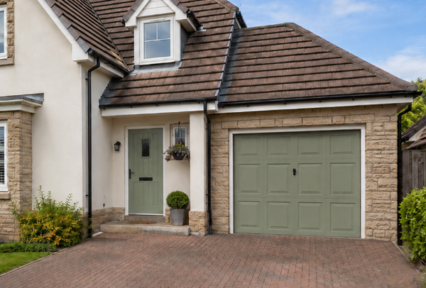 Garage door after painting, with a colour that works better with the front of the house