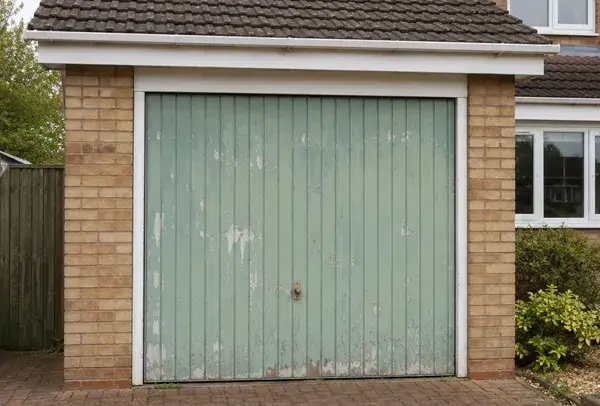 Garage door before preparation and repainting
