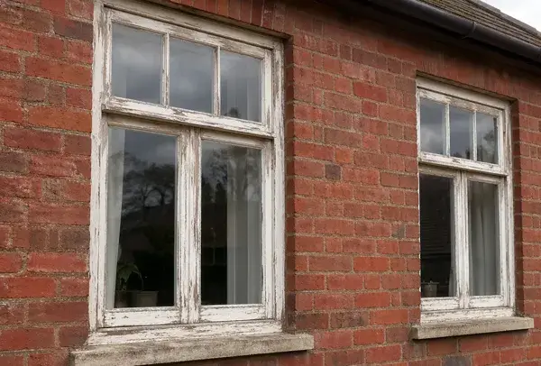 Timber window frames in Northampton before painting, with worn and weathered surfaces