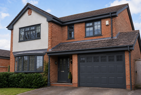 Property exterior in Leighton Buzzard after window frame garage door and roofline painting