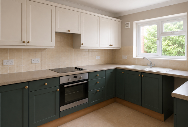 Kitchen cabinets in Leighton Buzzard after painting with a modern cleaner colour