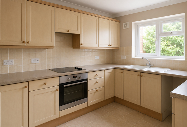 Kitchen cabinets in Leighton Buzzard before painting with an older dated colour