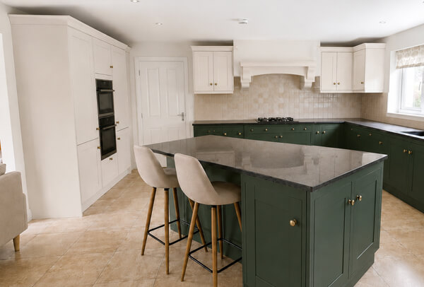 Kitchen cupboards after light sage colour planning in Kettering